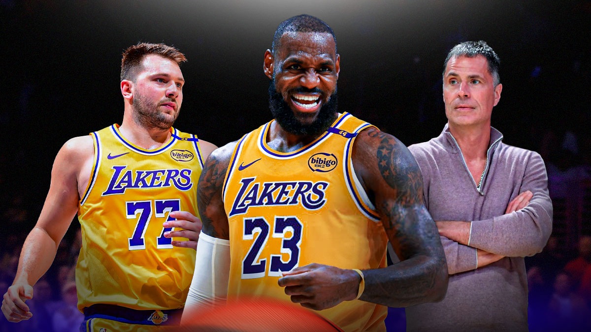 Lakers' LeBron James next to Luka Doncic, Rob Pelinka