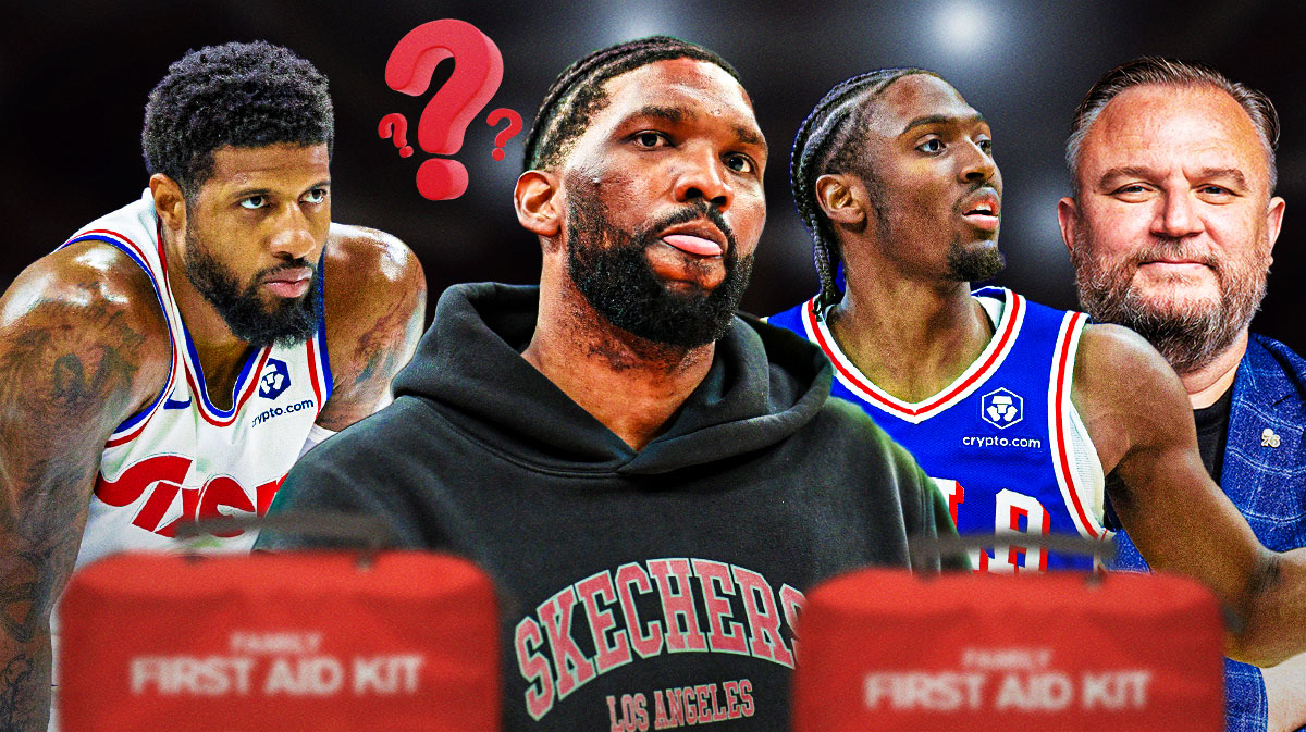 76ers' Joel Embiid with injury symbol and question marks next to Paul George, Tyrese Maxey, and Daryl Morey