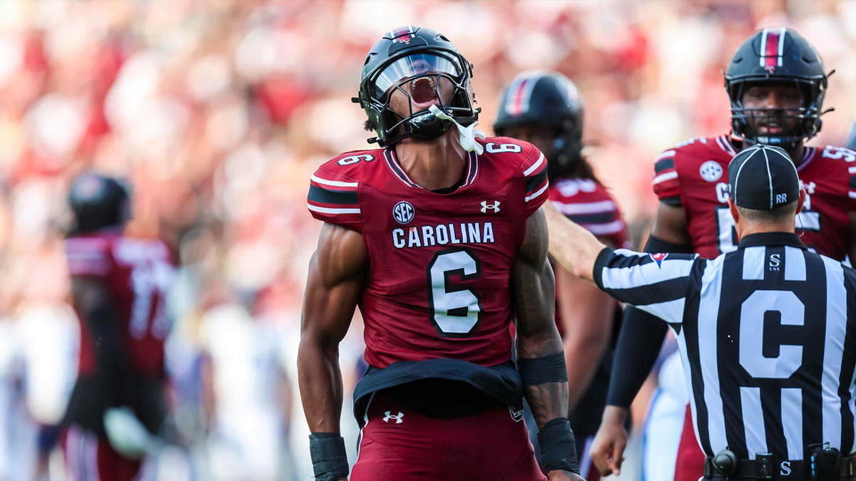 South Carolina Gamecocks edge Dylan Stewart (6) celebrates after a sack against the Old Dominion Monarchs in the second quarter at Williams-Brice Stadium.