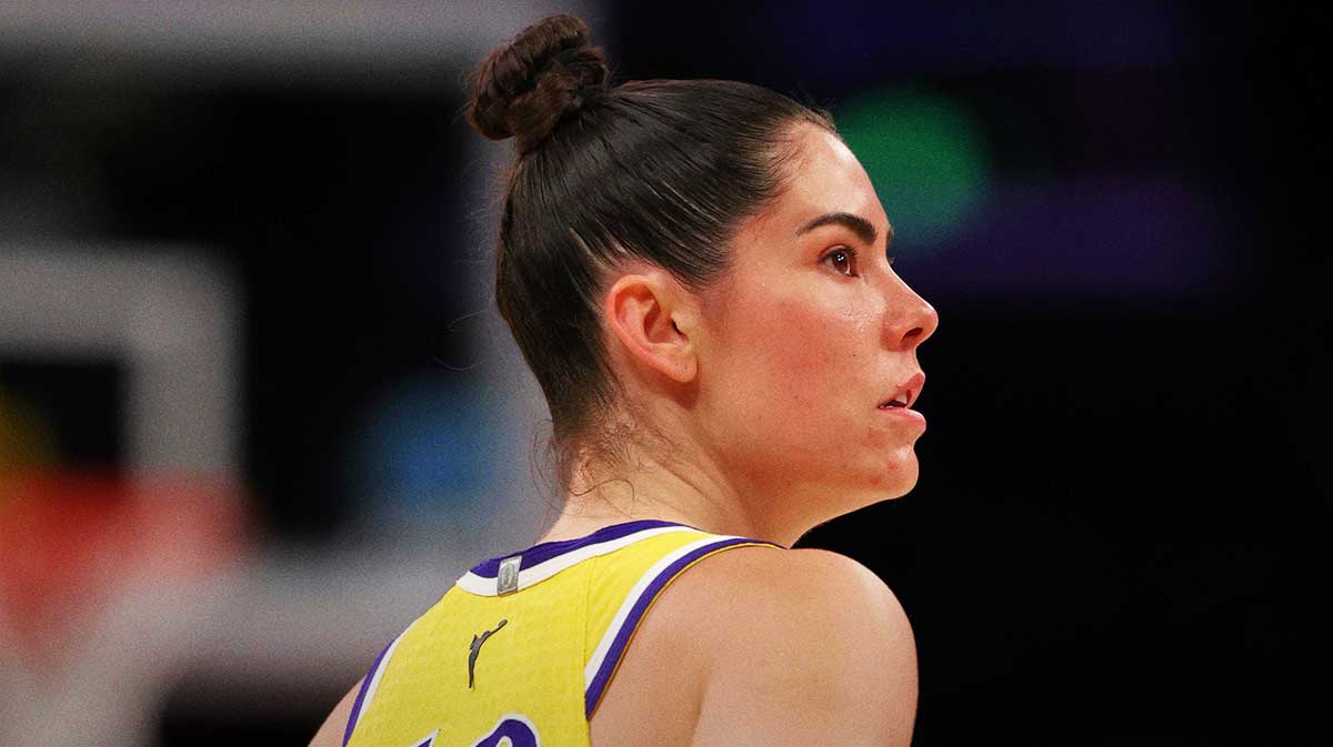 Los Angeles Sparks guard Kelsey Plum (10) looks on during the first half against the New York Liberty at Crypto.com Arena. Sparks guard Kelsey Plum reflects on the time former coach Bill Laimbeer tried to trade her from the Las Vegas Aces.
