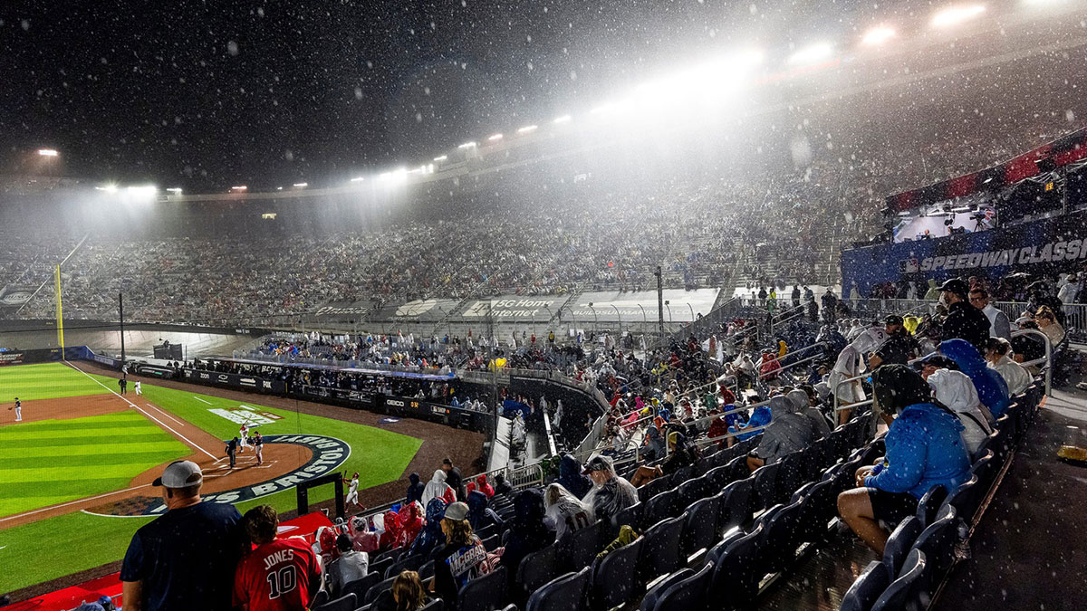 Heavy rain begins to fall during the first inning of the MLB Speedway Classic held at Bristol Motor Speedway in Bristol, Tenn., on August 2, 2025.
