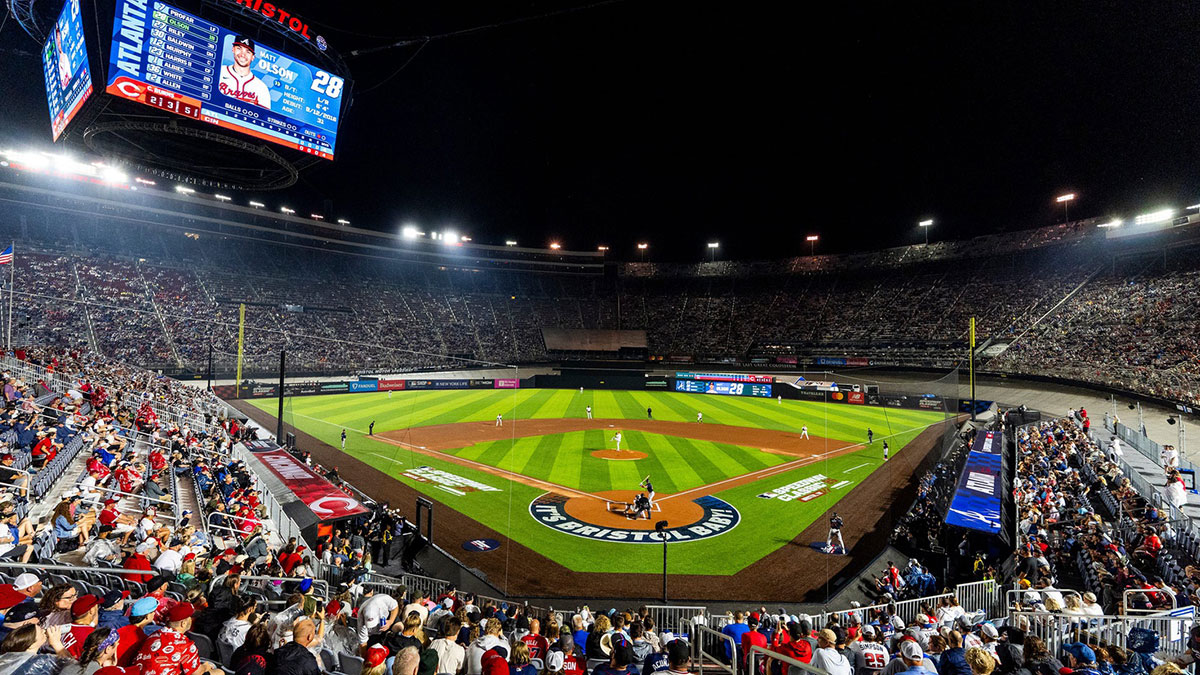 Cincinnati Reds pitcher Chase Burns throws a pitch to Atlanta Braves batter Matt Olson in the MLB Speedway Classic held at Bristol Motor Speedway in Bristol, Tenn., on August 2, 2025.