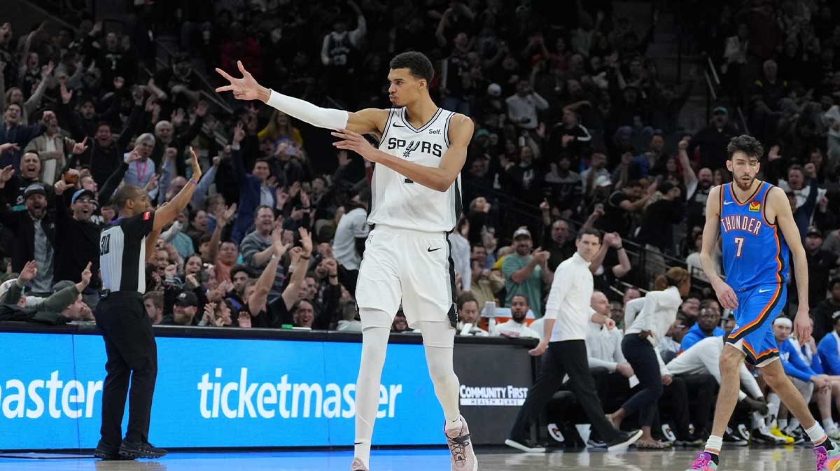 Spurs center Victor Wembanyama (1) celebrates a three point shot in the second half against the Oklahoma City Thunder at Frost Bank Center