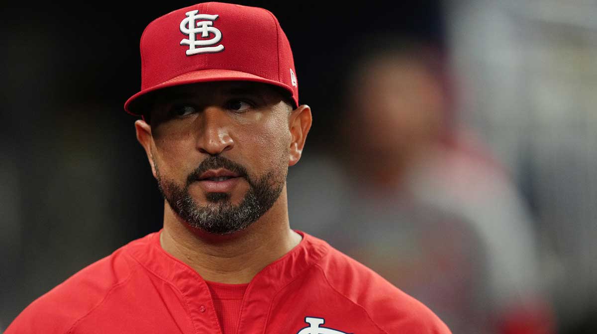 St. Louis Cardinals manager Oliver Marmol (37) looks on from the dugout during the game against against the Miami Marlins at loanDepot Park.
