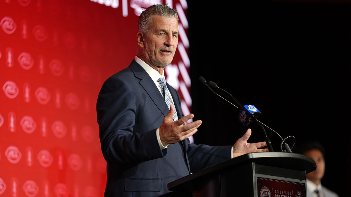 Stanford head coach Frank Reich answers questions from the media during ACC Media Days at Hilton Charlotte Uptown.