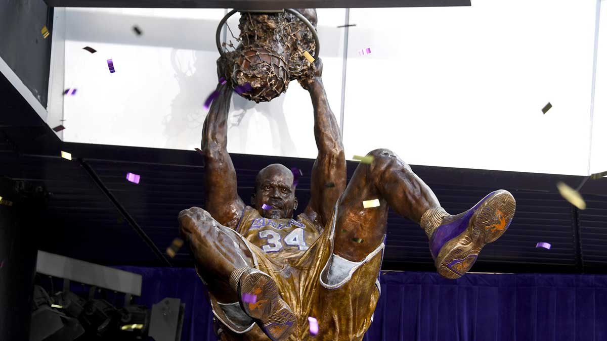 General overall view of statue of Los Angeles Lakers former center Shaquille O'Neal at Staples Center.