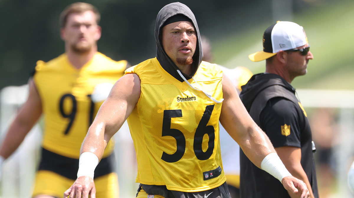 Pittsburgh Steelers linebacker Alex Highsmith (56) participates in drills during training camp at Saint Vincent College.