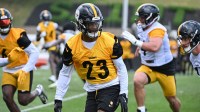Steelers cornerback Darius Slay (23) participates in drills during training camp at Saint Vincent College