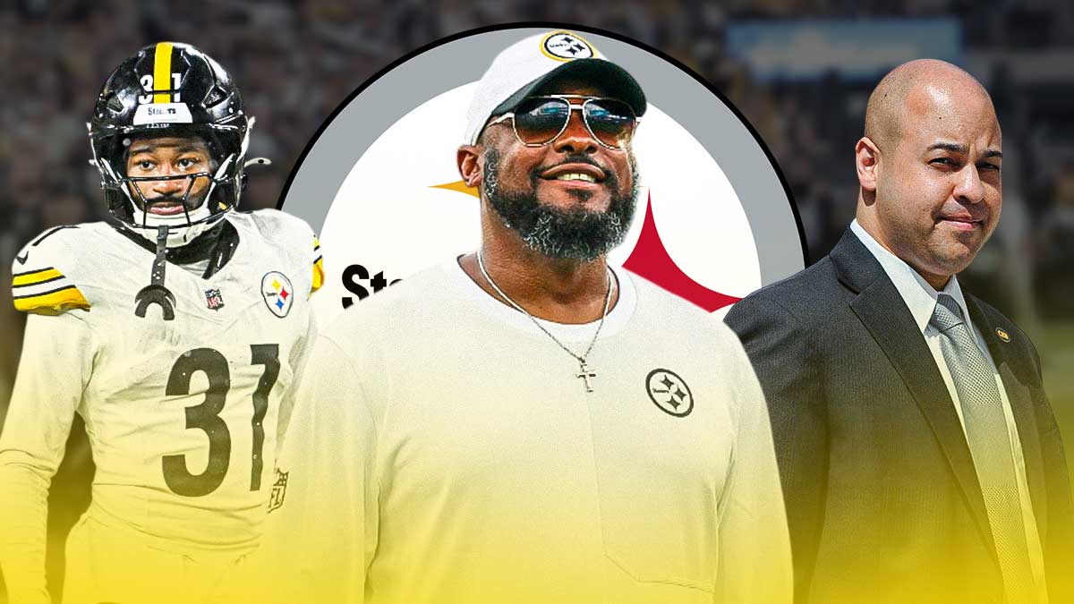 Steelers HC Mike Tomlin (front left) and Steelers GM Omar Khan (front right) with Steelers CB Beanie Bishop behind them. Pittsburgh Steelers logo in background