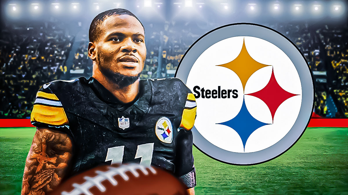 Micah Parsons in a Steelers uniform. There is also a logo for the Pittsburgh Steelers.