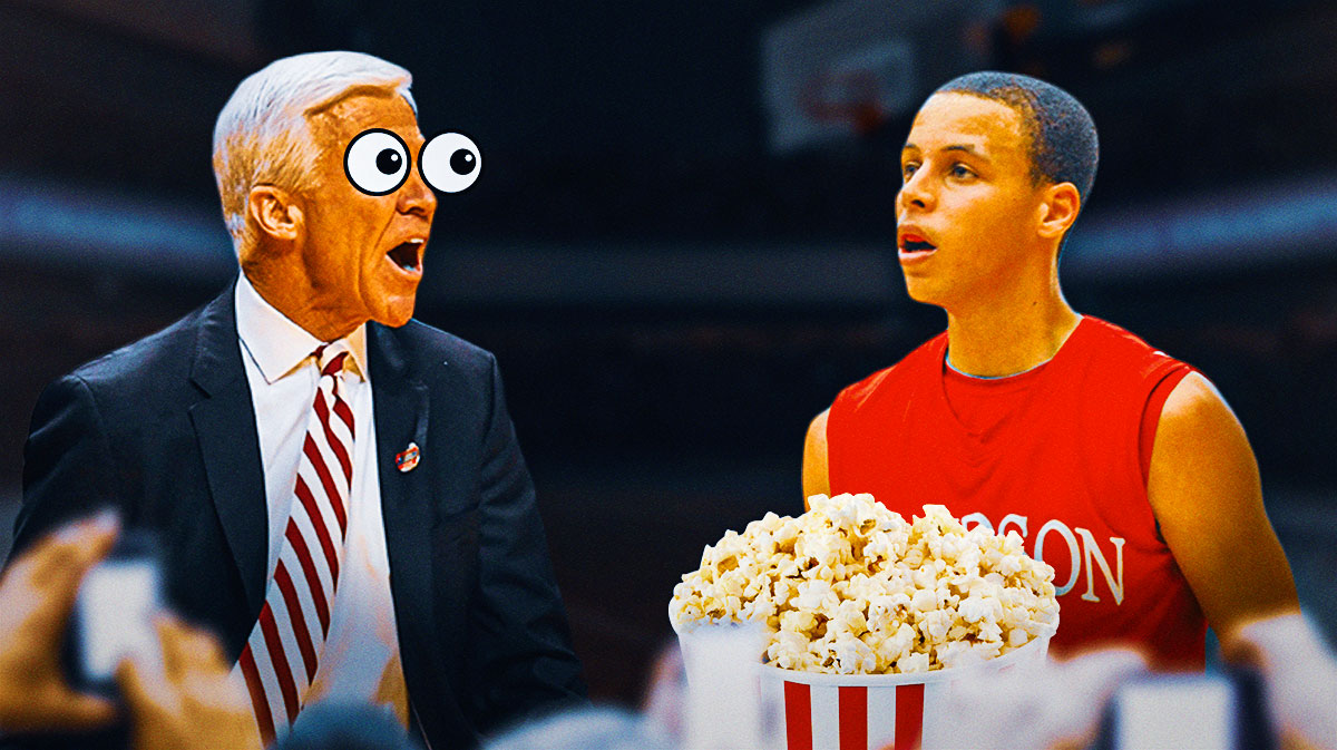 Stephen Curry at Davidson with popcorn bucket with coach Bob McKillop looking at him with big eyes