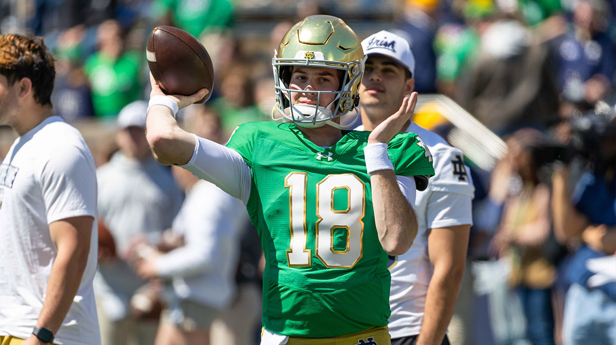 Notre Dame Fighting Irish quarterback Steve Angeli (18) warms up during the Blue-Gold game at Notre Dame Stadium.