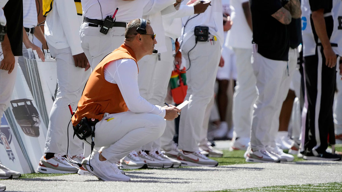Texas Longhorns head coach Steve Sarkisian watches his team against Ohio State Buckeyes during the first quarter at Ohio Stadium.