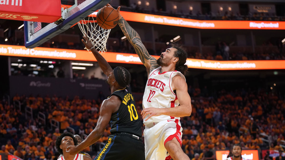 Golden State Warriors forward Jimmy Butler III (10) has his shot blocked by Houston Rockets center Steven Adams (12) in the third quarter of game six of the first round for the 2025 NBA Playoffs at Chase Center. 