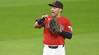 Cleveland Guardians left fielder Steven Kwan (38) celebrates a win over the Colorado Rockies