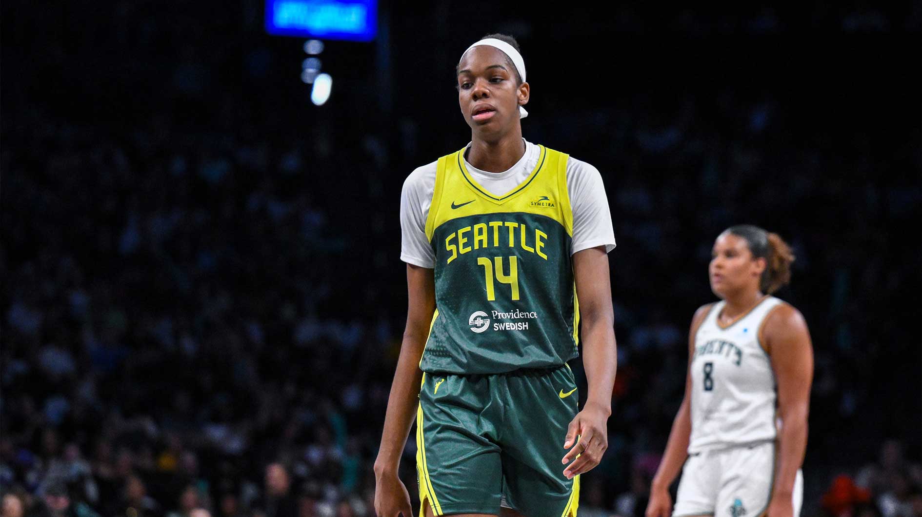 Seattle Storm center Dominique Malonga (14) reacts during the second half against the New York Liberty at Barclays Center.