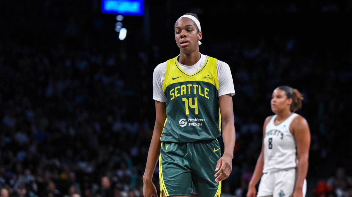 Seattle Storm center Dominique Malonga (14) reacts during the second half against the New York Liberty at Barclays Center.