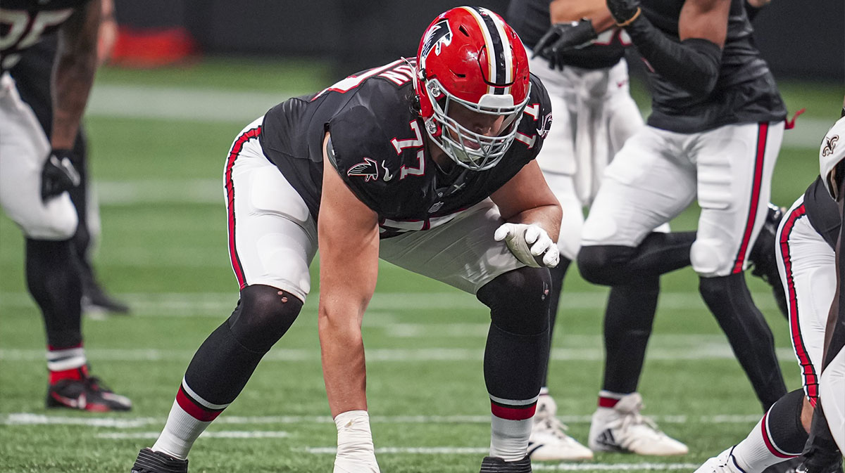 Atlanta Falcons offensive tackle Storm Norton (77) in action against the New Orleans Saints at Mercedes-Benz Stadium.