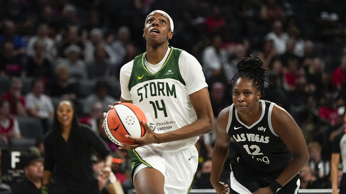 Seattle Storm center Dominique Malonga (14) attempts to score a layup against Las Vegas Aces guard Chelsea Gray (12) during the second half of a WNBA basketball game at Michelob Ultra Arena.