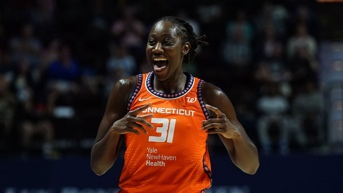 Connecticut Sun center Tina Charles (31) reacts after his basket against the Washington Mystics in the second half at Mohegan Sun Arena.