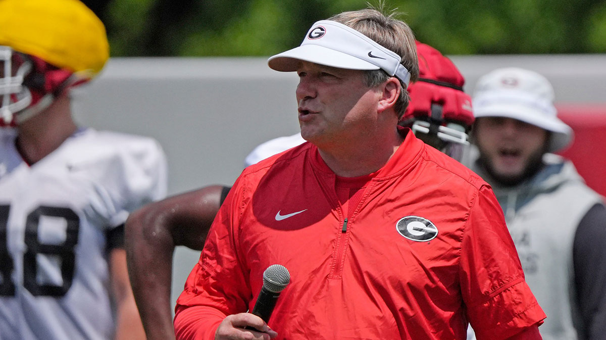 Georgia coach Kirby Smart looks on at the first day of fall practice in Athens, Georgia, on Thursday, July 31, 2025.