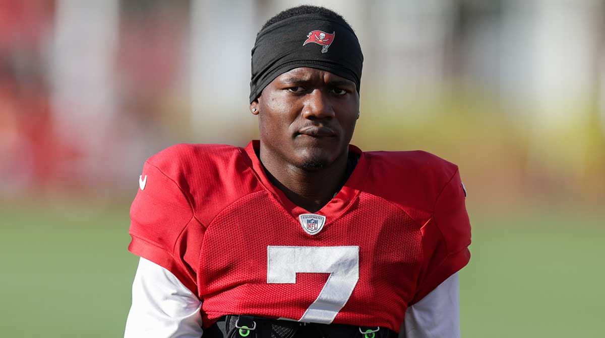 Tampa Bay Buccaneers running back Bucky Irving (7) participates in training camp at AdventHealth Training Center.