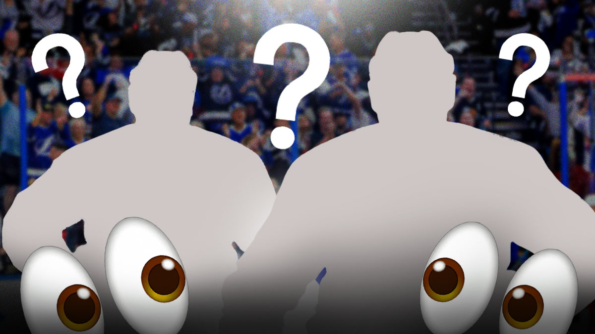 IMAGE: Blank player silhouettes with question marks and eye emojis, Amalie Arena (home arena of the Tampa Bay Lightning) in background