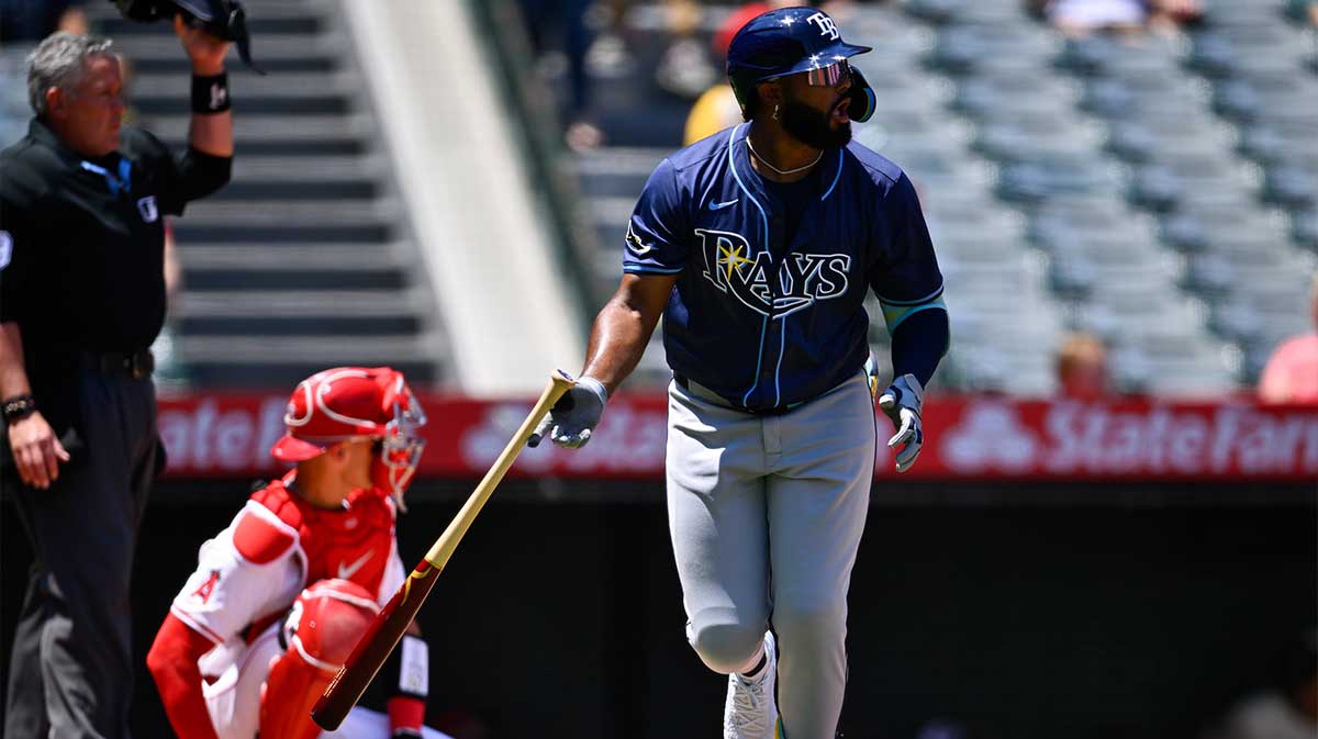 Tampa Bay Rays third baseman Junior Caminero (13) looks up after hitting a two-run home run during the first inning against the Los Angeles Angels at Angel Stadium of Anaheim.