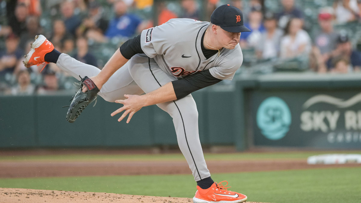 Aug 25, 2025; West Sacramento, California, USA; Detroit Tigers pitcher Tarik Skubal (29) throws a pitch against the Athletics during the first inning at Sutter Health Park. 