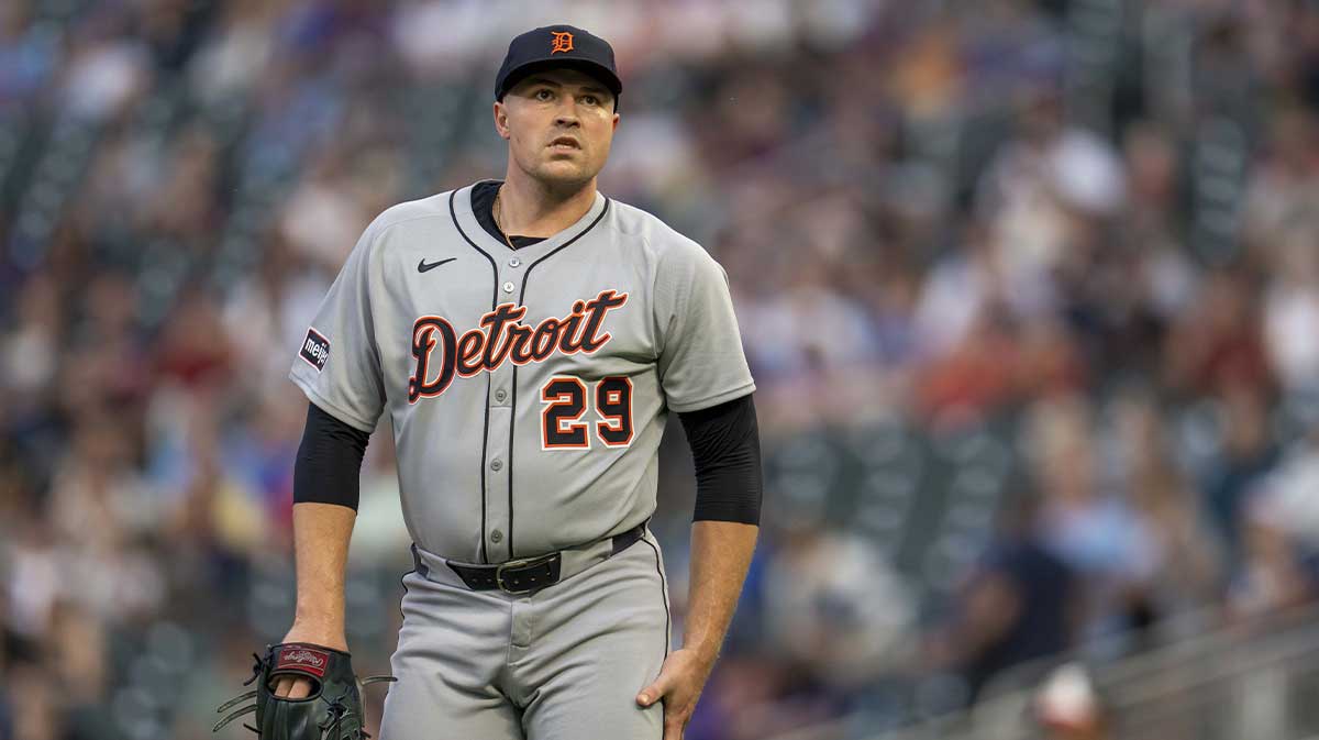 Detroit Tigers starting pitcher Tarik Skubal (29) reacts after giving up a hit against the Minnesota Twins in the fourth inning at Target Field.