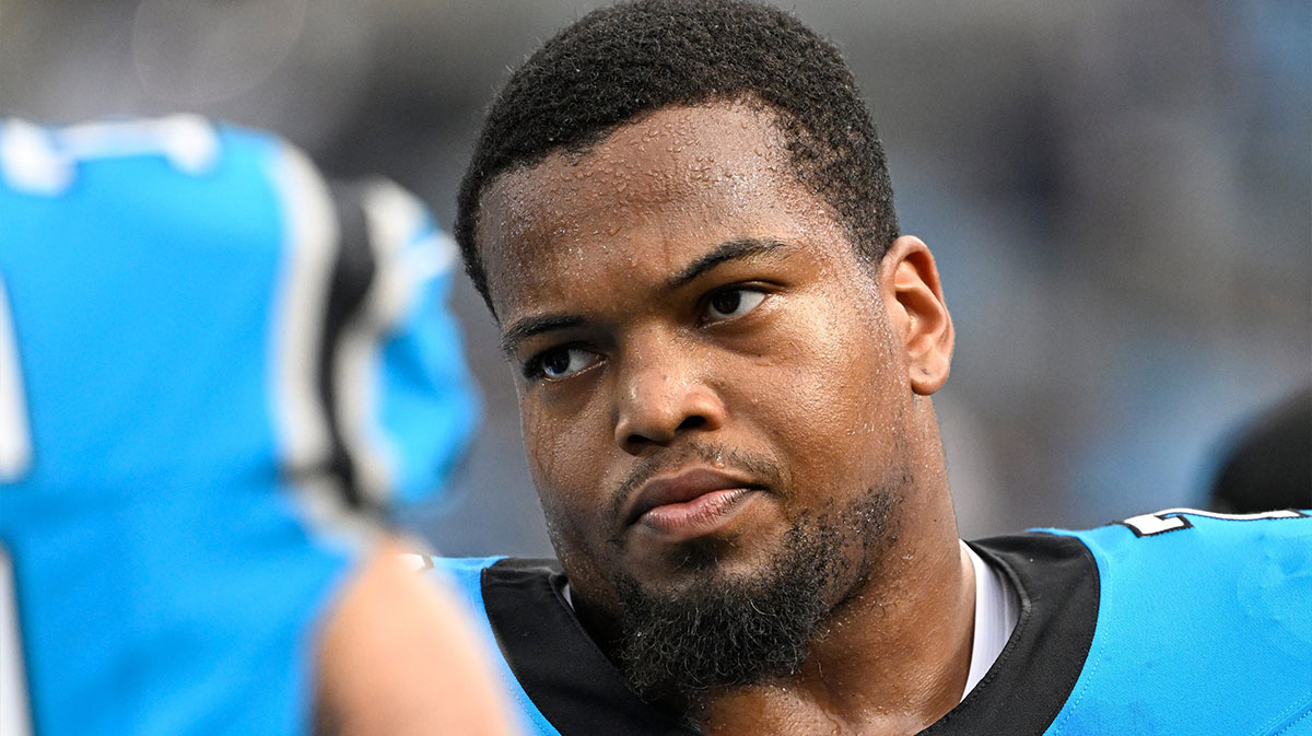 Carolina Panthers offensive tackle Taylor Moton (72) on the sidelines in the first quarter at Bank of America Stadium.