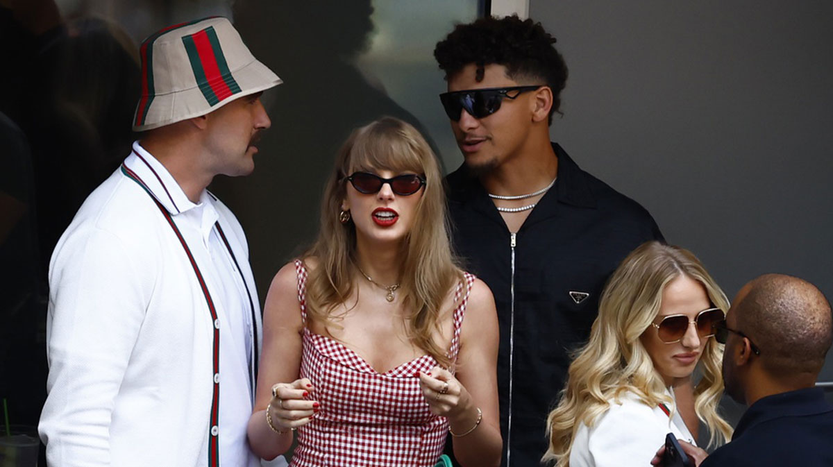 Recording artist Taylor Swift and Kansas City Chiefs tight end Travis Kelce and Kansas City Chiefs quarterback Patrick Mahomes and Brittany Mahomes look on in the men’s singles final of the 2024 U.S. Open tennis tournament at USTA Billie Jean King National Tennis Center