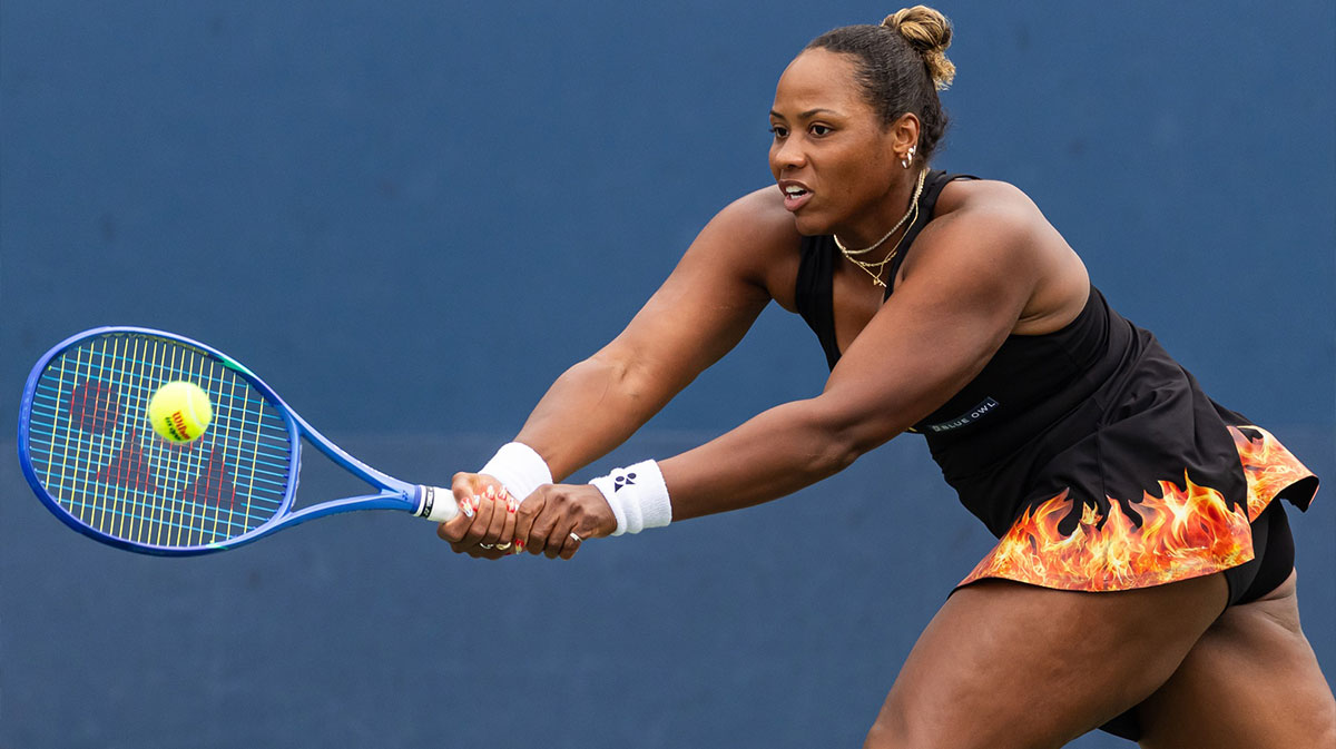 Taylor Townsend of the United States in action against Jelena Ostapenko in the second round of the women’s singles at the US Open at Billie Jean King National Tennis Center.