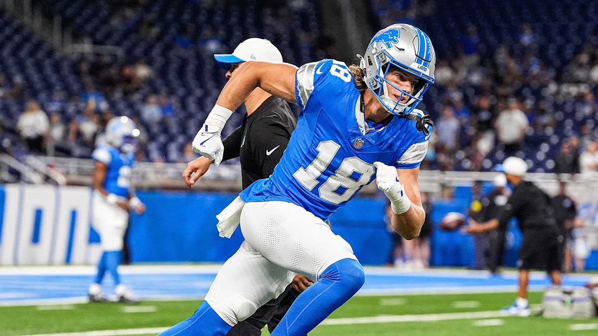 Detroit Lions wide receiver Isaac TeSlaa (18) practices ahead of the Houston Texans game at Ford Field in Detroit on Saturday, August 23, 2025.