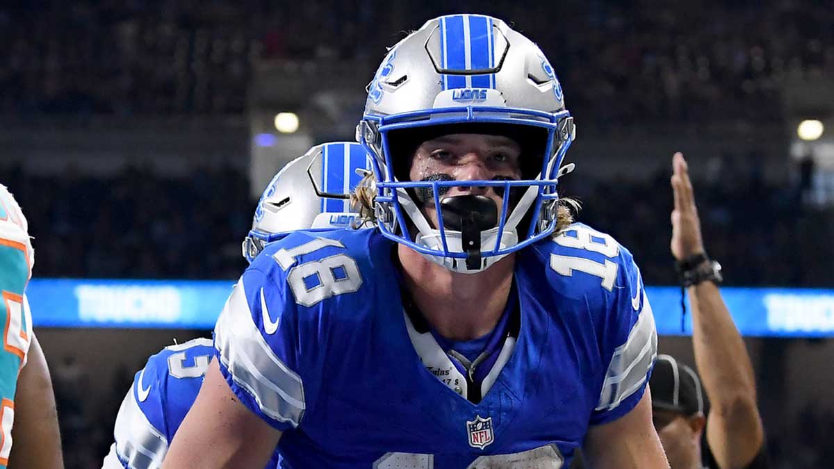Detroit Lions wide receiver Isaac TeSlaa (18) celebrates after scoring a touchdown against the Miami Dolphins in the second quarter at Ford Field.