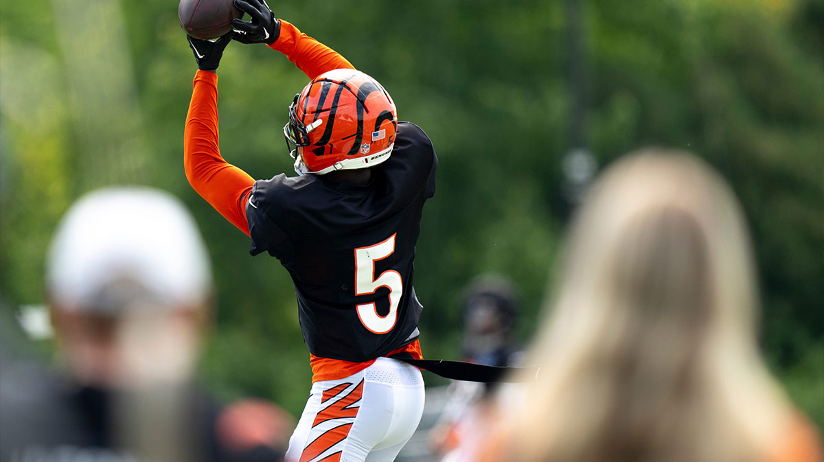 Cincinnati Bengals wide receiver Tee Higgins (5) catches a pass at Cincinnati Bengals practice in Cincinnati