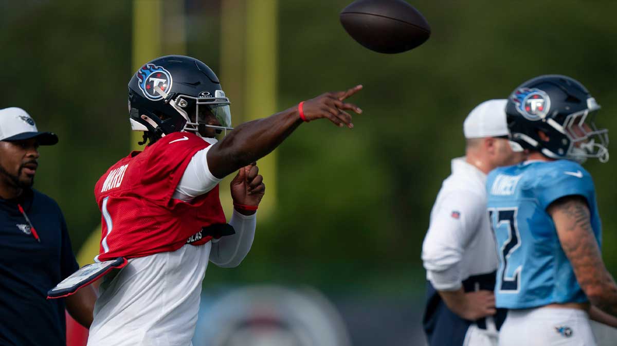 Tennessee Titans quarterback Cam Ward (1) throws during training camp at Ascension Saint Thomas Sports Park in Nashville, Tenn., Tuesday, July 29, 2025.