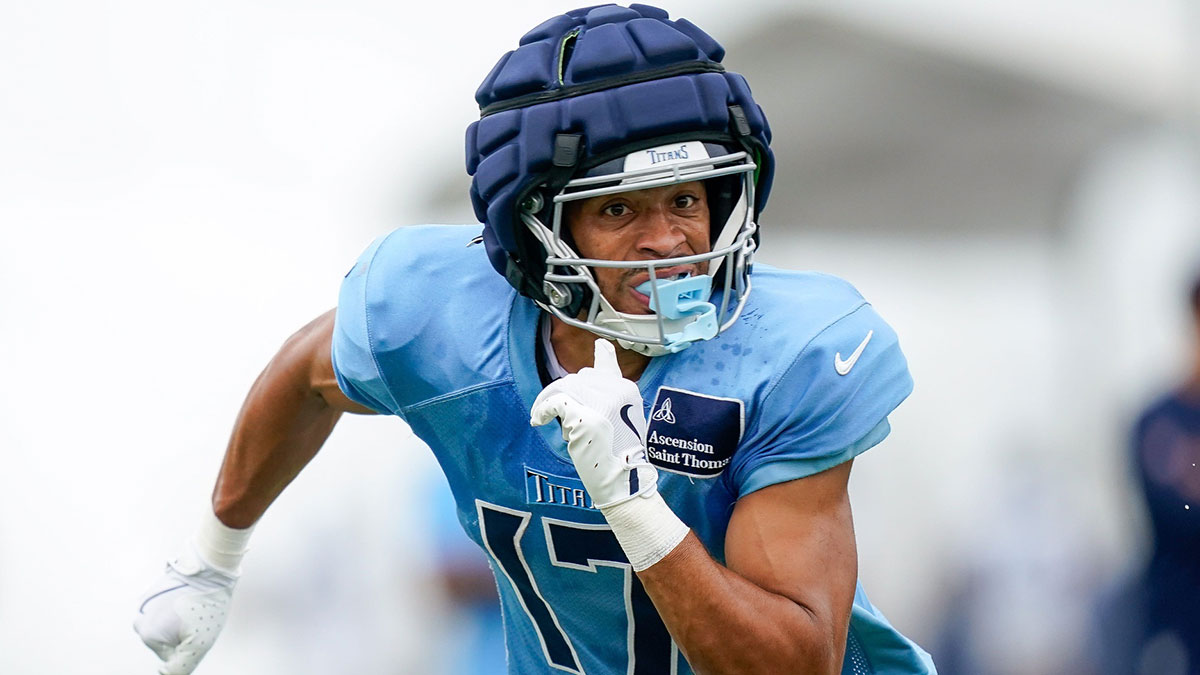 Tennessee Titans wide receiver Chimere Dike (17) runs during an NFL football training camp practice at Ascension Saint Thomas Sports Park in Nashville, Tenn., Sunday, Aug. 3, 2025.