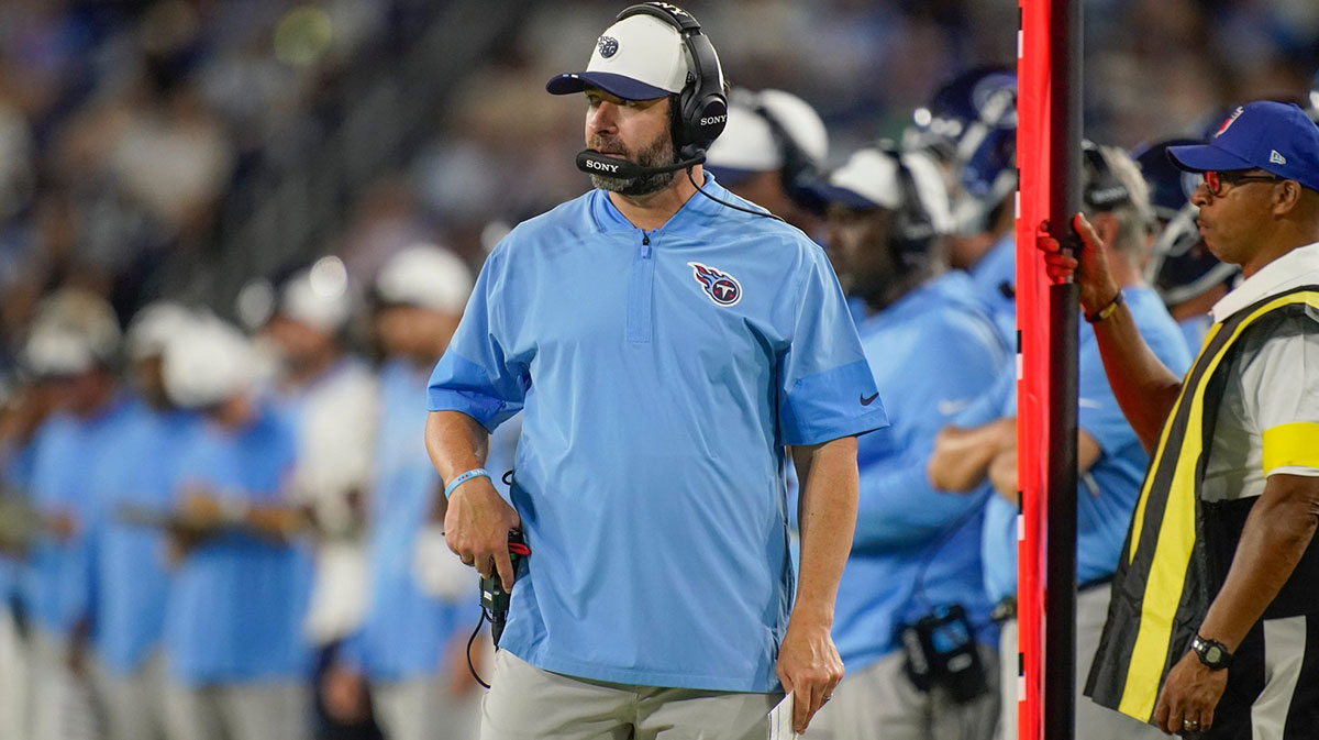 Tennessee Titans coach Brian Callahan works the sidelines during the second quarter of an NFL pre-season game against the Minnesota Vikings at Nissan Stadium in Nashville, Tennessee.