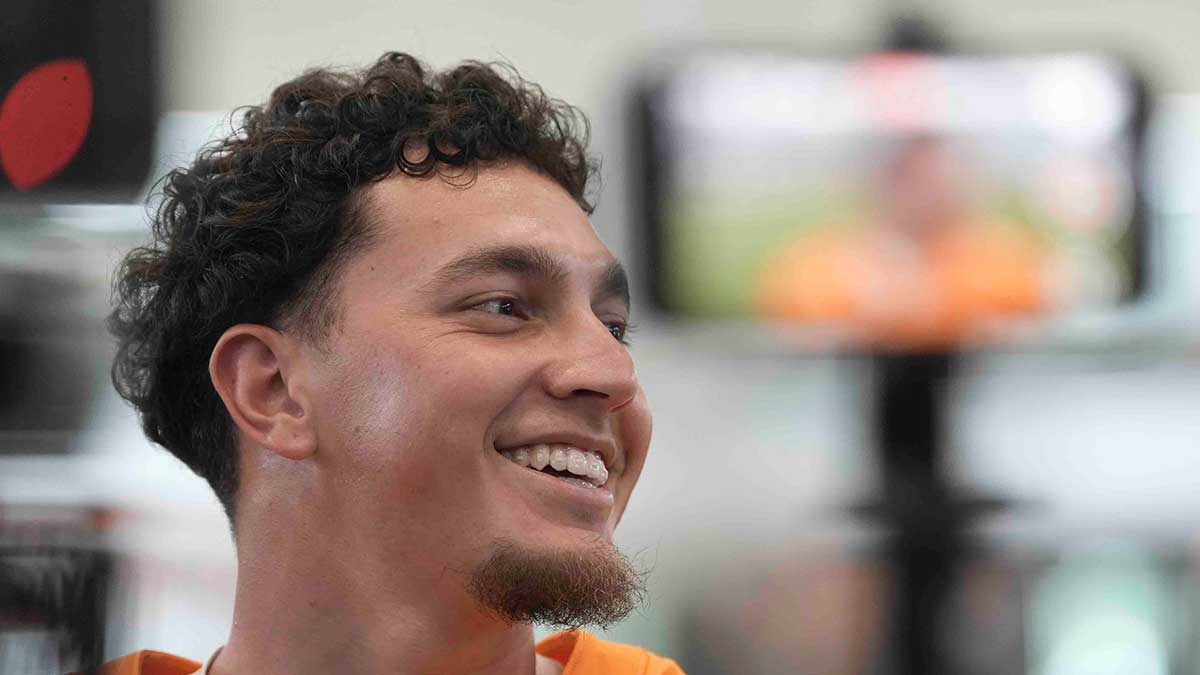 Tennessee quarterback Joey Aguilar (6) speaks to the media during football media day, in Knoxville, Tennessee, July 29, 2025.