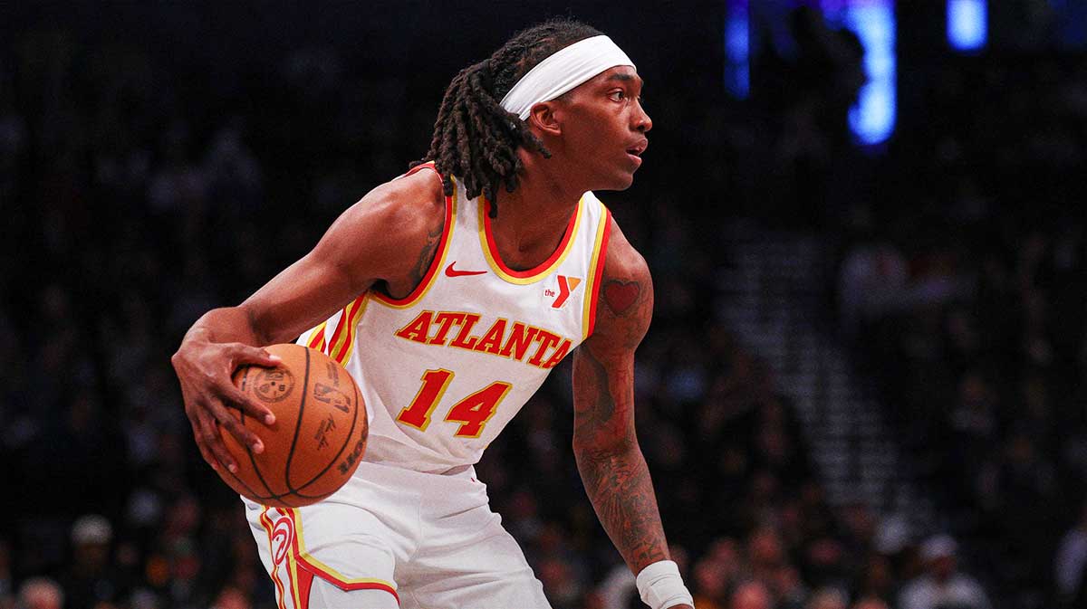 Atlanta Hawks guard Terance Mann (14) dribbles during the first half against the Brooklyn Nets at Barclays Center.