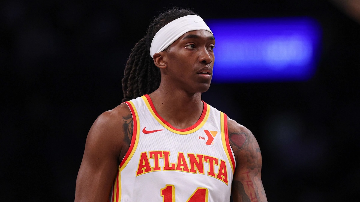 Atlanta Hawks guard Terance Mann (14) looks on during the first half against the Brooklyn Nets at Barclays Center.