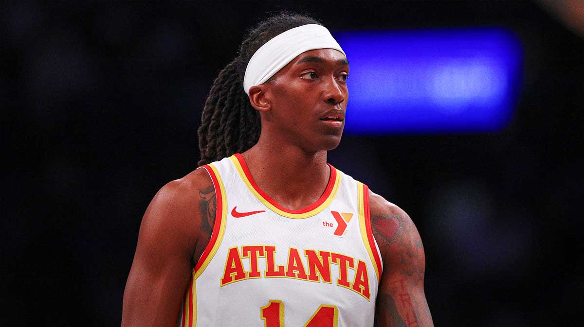 Mar 16, 2025; Brooklyn, New York, USA; Atlanta Hawks guard Terance Mann (14) looks on during the first half against the Brooklyn Nets at Barclays Center. Mandatory Credit: Vincent Carchietta-Imagn Images