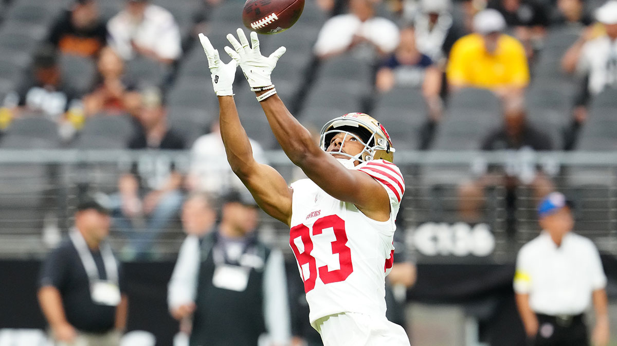 San Francisco 49ers wide receiver Terique Owens (83) warms up before a preseason game against the Las Vegas Raiders at Allegiant Stadium.