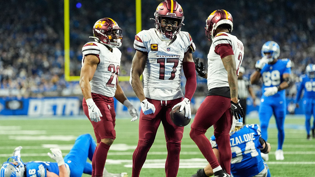 Washington Commanders wide receiver Terry McLaurin (17) celebrates a first down against Detroit Lions during the second half of the NFC divisional round at Ford Field in Detroit on Saturday, Jan. 18, 2025.