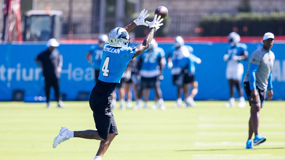 Jul 26, 2025; Charlotte, NC, USA; Carolina Panthers wide receiver Tetairoa McMillan (4) makes a catch during training camp.