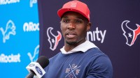Houston Texans head coach DeMeco Ryans talks to media members after practice at training camp at Meijer Performance Center