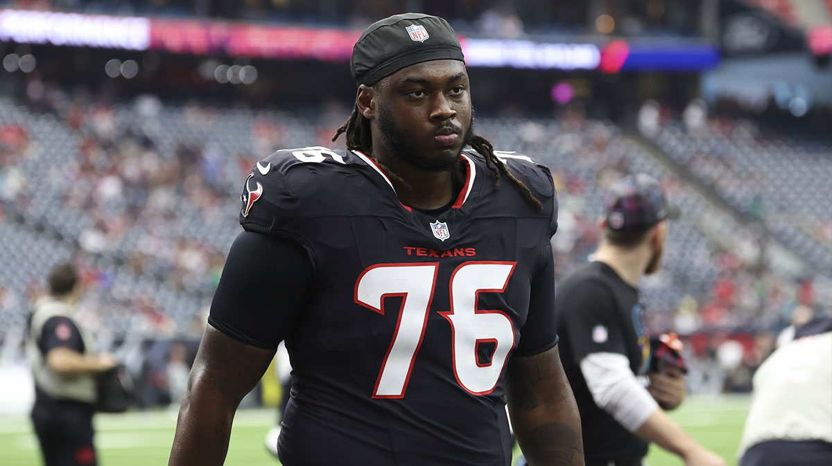 Sep 29, 2024; Houston, Texas, USA; Houston Texans guard Kenyon Green (76) during the game against the Jacksonville Jaguars at NRG Stadium. Mandatory Credit: Troy Taormina-Imagn Images
