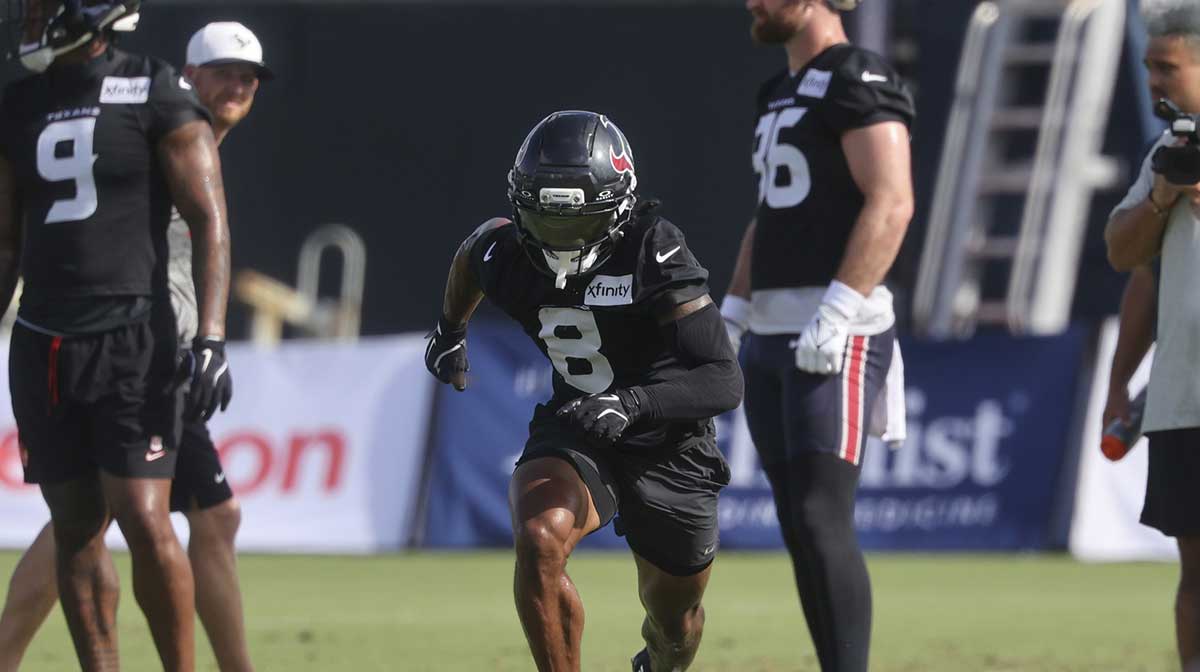 Houston Texans wide receiver John Metchie III (8) during training camp at Houston Methodist Training Center.