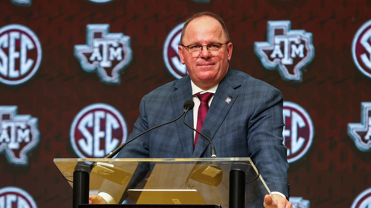 Texas A&M Aggies head coach Mike Elko talks to the media during the SEC Media Days at Omni Atlanta Hotel.